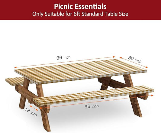8ft 96" Picnic Table and Bench Cover, 3 Pack, Coffee Checkered | Drawstring Bag, Waterproof Windproof, Elastic Fitted Edges Tablecloth, for Rectangle Table & Seat, Camping Essentials RV Gear