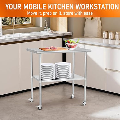 Stainless Steel Table with Wheels 30" x 36" Utility Worktable with Adjustable Undershelf for Commercial Kitchen, Garage, Restaurant
