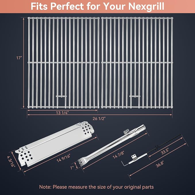 720-0830H Stainless Steel Grill Parts Kit for Nexgrill 4 & 5 Grates Burner | Replacement for 720-0830D 720-0783E 720-0888N 720-0888 720-0958A, Grill Grates Burners Heat Plates Igniters, Kenmore Uniflame