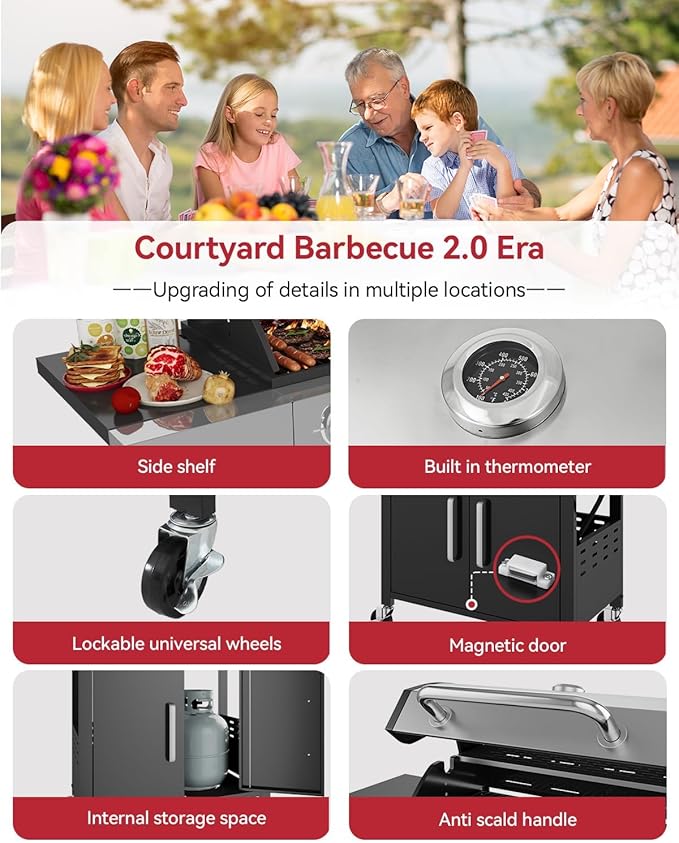 Aoxun 4-Burner Propane Grill with Side Burner, 49000 BTU Gas Grill, Stainless Steel Outdoor Grill with Cast Iron Grates & Side Tables for Backyard, Patio, Camping，Black