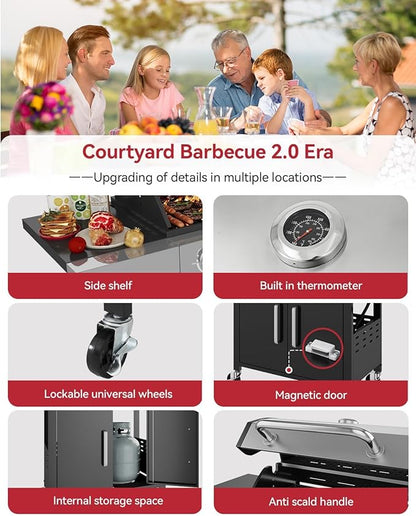Aoxun 4-Burner Propane Grill with Side Burner, 49000 BTU Gas Grill, Stainless Steel Outdoor Grill with Cast Iron Grates & Side Tables for Backyard, Patio, Camping，Black