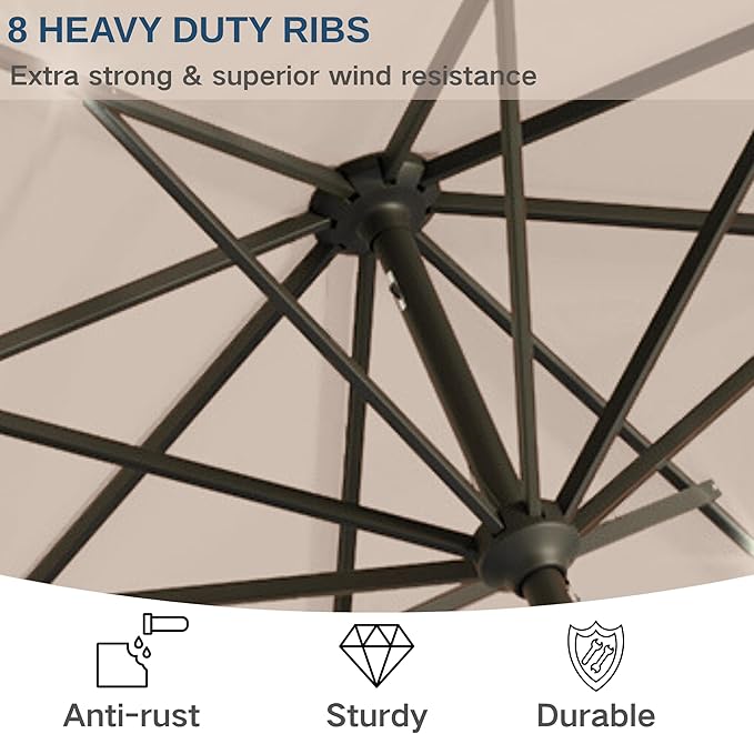 9' Solar LED Patio Umbrella with Tilt & Crank|8 Sturdy Ribs,UV Protection,Outdoor Market Table Umbrella for Deck,Lawn,Pool,Backyard(Beige)