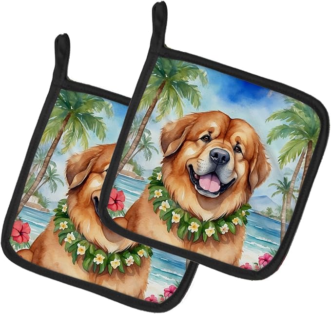 Caroline's Treasures Tibetan Mastiff Luau Pair of Pot Holders Kitchen Heat Resistant Pot Holders Sets Oven Hot Pads for Cooking Baking BBQ, 7 1/2 x 7 1/2