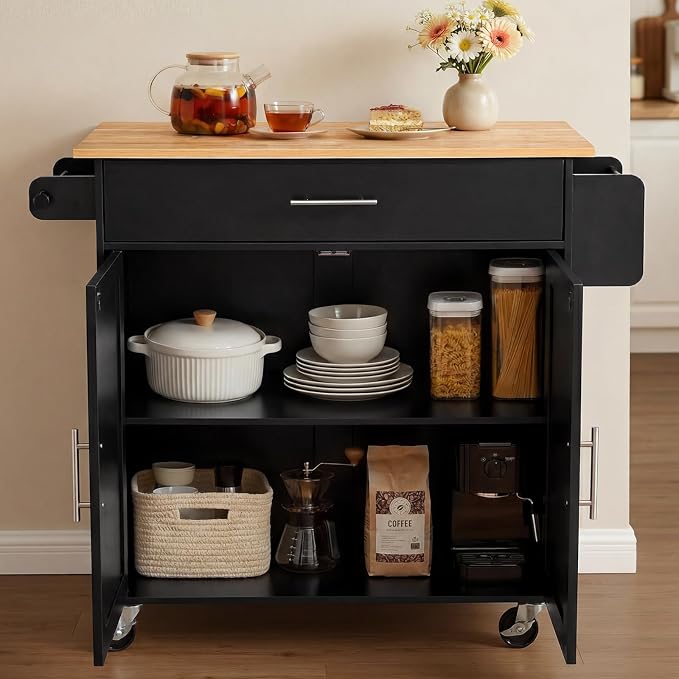 VEVOR Kitchen Island Cart with Storage, 42.28 in Wide Mobile Rolling Storage Island on Swivel Wheels, with Drawer, Storage Cabinet, Drop Leaf, Spice Rack, Table for Home Dining Room, Black