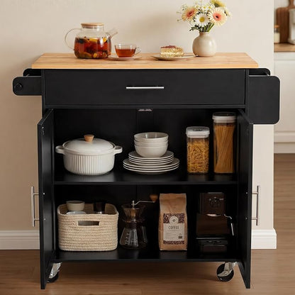 VEVOR Kitchen Island Cart with Storage, 42.28 in Wide Mobile Rolling Storage Island on Swivel Wheels, with Drawer, Storage Cabinet, Drop Leaf, Spice Rack, Table for Home Dining Room, Black