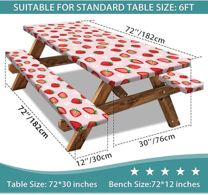 Strawberry Picnic Table Cover with Bench Covers and Bag, Camping Essentials, Berry Waterproof Windproof, Fitted Tablecloth Cover with Elastic Edge for Outdoor Garden 3 PCS 30x72 Inch