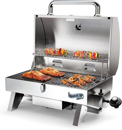 Bunker Up Fishin Stainless Steel Boat Grill with Rod Holder Mount - Great for Boating and Camping - Portable Tabletop BBQ Grill, 12000 BTU Burner, 277 sq.in Grilling Space and 87 sq.in Warming Rack