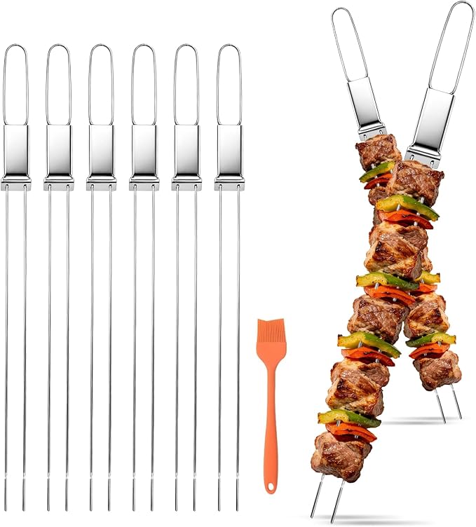 Stainless Steel Skewers for Grilling, 13"（6PCS）Dual-Prong Flat with Slider