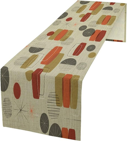 Retro Abstract Geometric Table Runner, Vintage Shapes Stars Mid Century Boho Retro Linen Textured Weave Dinner Runner for Home Kitchen Dining Table Decoration 13"x120"