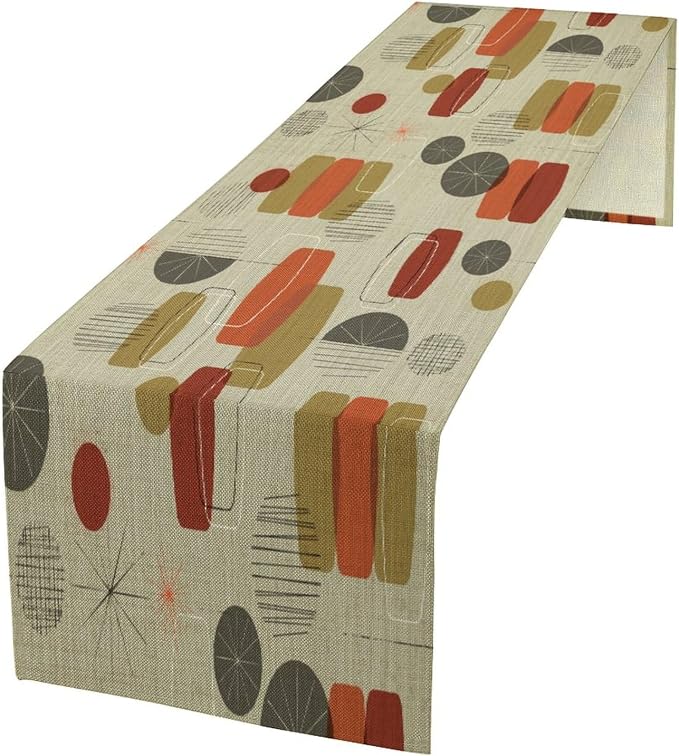 Retro Abstract Geometric Table Runner, Vintage Shapes Stars Mid Century Boho Retro Linen Textured Weave Dinner Runner for Home Kitchen Dining Table Decoration 13"x90"