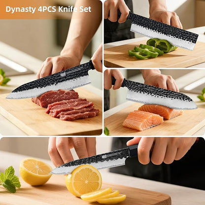 FINDKING 4PCS Kitchen Knife Set, Japanese Chef Knife Set with 9Cr18MoV High Carbon Steel Hammered Blades, Rosewood Octagonal Handles, for Meat, Fruits and Vegetables, Dynasty Series