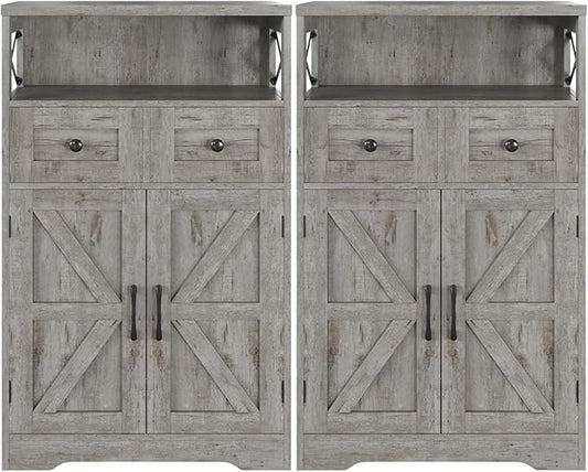 Befrases Set of 2 Farmhouse Storage Cabinet with Drawers and Adjustable Shelves, Freestanding Kitchen Pantry Storage Cabinet, Floor Storage Cupboard for Dining Living Room Home Office, Washed Grey