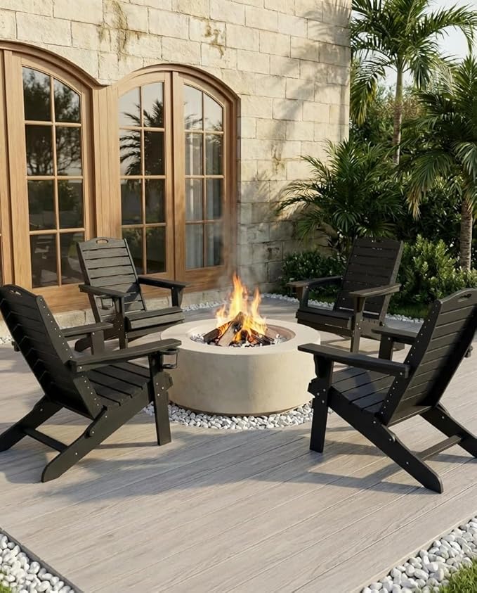 Adjustable Adirondack Chairs Set of 6 with Retractable Ottoman, HDPE Folding Adirondack Chair with Cup Holders, Weather Resistant for Backyard, Poolside & Fire Pit (Black)