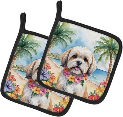 Caroline's Treasures Lhasa Apso Luau Pair of Pot Holders Kitchen Heat Resistant Pot Holders Sets Oven Hot Pads for Cooking Baking BBQ, 7 1/2 x 7 1/2