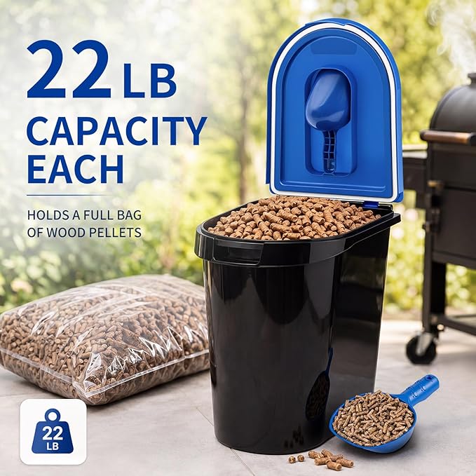 Maxdot 3 Sets 22lb Wood Pellet Storage Containers with Smoker Grill Pellet Label Stickers Spoon Locking Lid Charcoal Container Holds for Men Gift Smoker Charcoal Outdoor Grill Pellets Camping Party