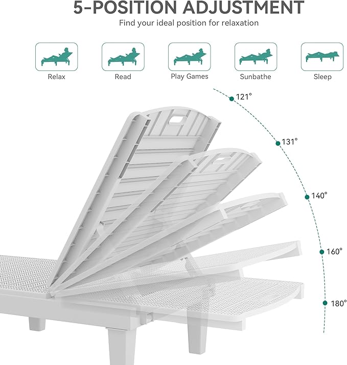 YITAHOME Outdoor Chaise Lounge Chair, Plastic Pool Chaise Lounge with 5-Position Backrest, Easy Assembly & Waterproof for Patio & Poolside, Set of 4, Grayish-White