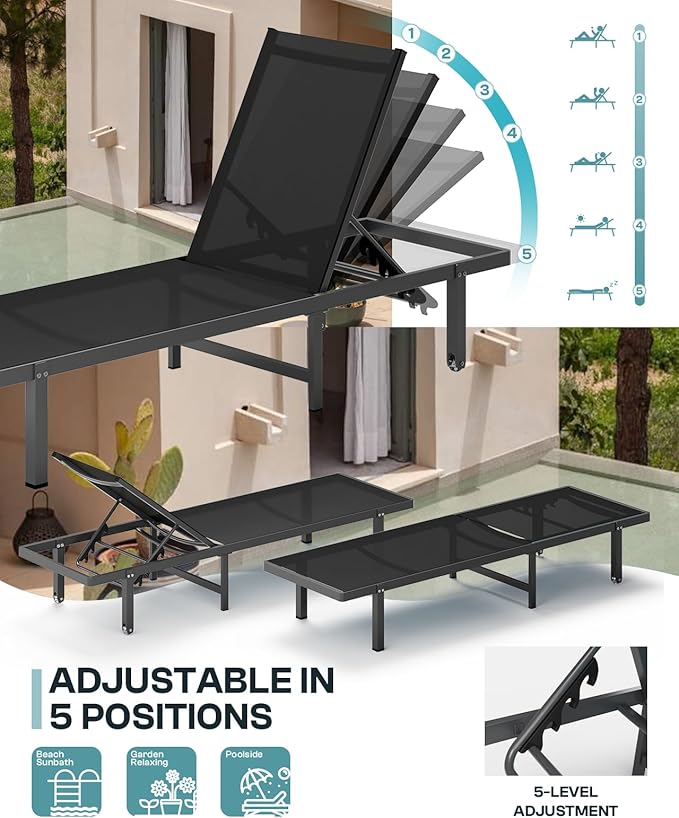 Aluminum Outdoor Lounge Chairs Set of 2, Pool Lounge Chairs with Wheels and 5-Position Recliner -Easy to Move- Patio Chaise Lounge Outdoor for Poolside, Deck, Beach (Black)