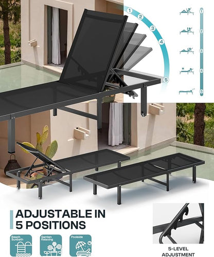 Aluminum Outdoor Lounge Chairs Set of 2, Pool Lounge Chairs with Wheels and 5-Position Recliner -Easy to Move- Patio Chaise Lounge Outdoor for Poolside, Deck, Beach (Black)