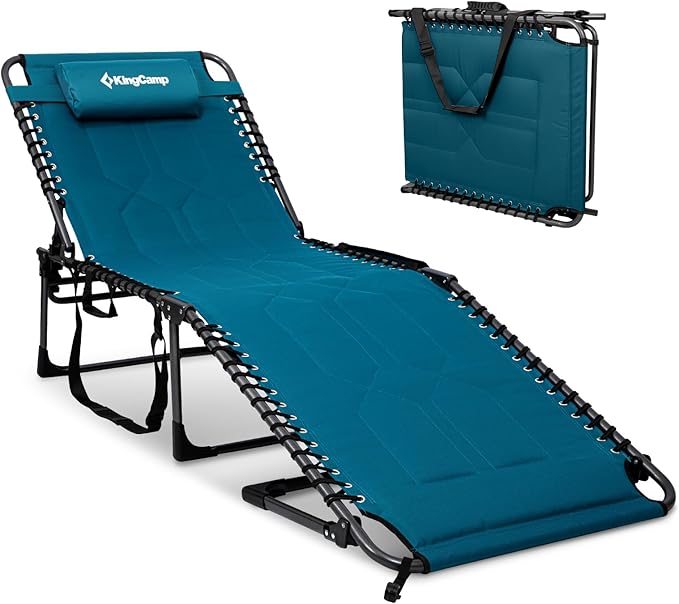KingCamp Oversized Tanning Chair, Extra-Wide Padded Folding Chase Lounge Chairs Portable Adjustable 5-Position 440lbs Heavy Duty Lounger with Double-Layer Oxford for Outdoor Beach Patio Sun Pool Blue