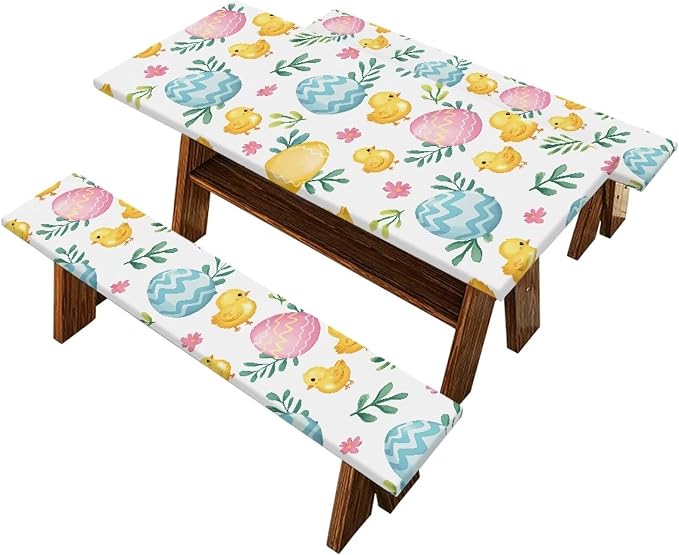 Easter Egg Chick Elastic Fitted Table Cloth for Camping Party Supplies 3 PCS Set Easter Outdoor Picnic Table Cover with Bench Covers