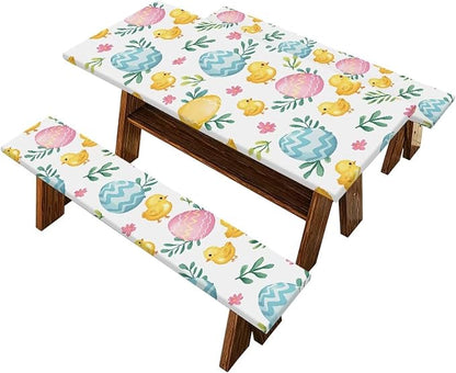 Easter Egg Chick Elastic Fitted Table Cloth for Camping Party Supplies 3 PCS Set Easter Outdoor Picnic Table Cover with Bench Covers