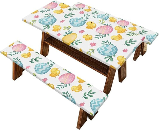 Easter Egg Chick Elastic Fitted Table Cloth for Camping Party Supplies 3 PCS Set Easter Outdoor Picnic Table Cover with Bench Covers
