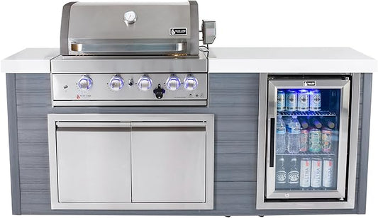 Mont Alpi Artwood Series - 78"W x 47"H x 27"D All Weather HDPE Outdoor Kitchen Island with Refrigerator & Double Access Doors + 32"W Stainless Steel 4-Burner Built-in BBQ Gas Grill with Rotisserie Kit