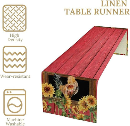 Home Dining Table Runner Dresser Scarf Linen Burlap Fabric,Farm Red Barn Chicken with Sunflower Kitchen Dining Table Decoration for Indoor Party Home 13x108 Inch
