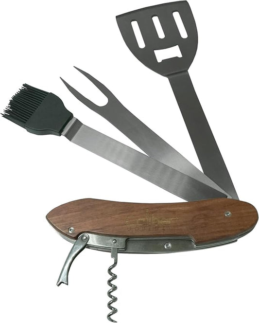 5-in-1 Multi Tool BBQ Barbecue Grill Accessories, Tools Set Kit, Camping Accessories, Grilling Parties, Detachable, Includes Brush, Spatula, Fork, Bottle Opener, Wine Corkscrew