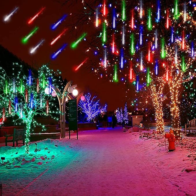 Meteor Shower Lights for Christmas New Year Party Outdoor Decor, Multicolor | 16-Tube, Equivalent to 2 Sets of 8-Tubes, Waterproof Icicle Lights for Xmas House Tree Decor, Bright, Plug in