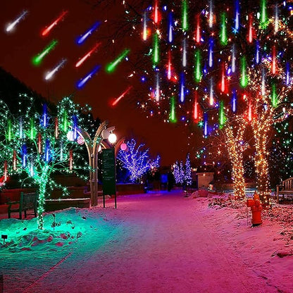 Meteor Shower Lights for Christmas New Year Party Outdoor Decor, Multicolor | 16-Tube, Equivalent to 2 Sets of 8-Tubes, Waterproof Icicle Lights for Xmas House Tree Decor, Bright, Plug in