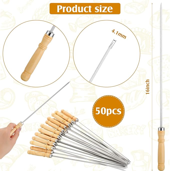 Minatee 16 Inch Kabob Skewer with Wood Handle for BBQ Camping Cookware Campfire Grill Cooking, Stainless Steel, Metal Skewers for Kabobs with Wood Handle (50 Pcs)