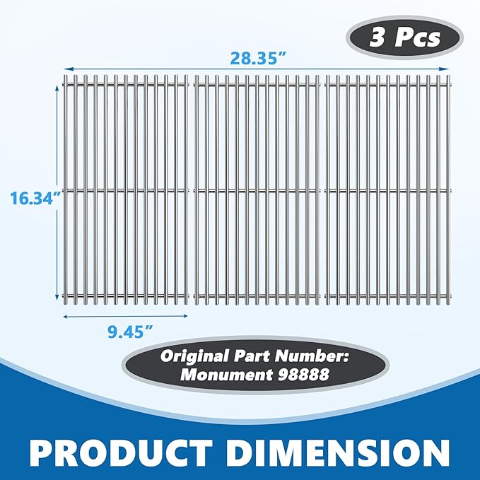 SafBbcue 98888 Grill Grates for Monument Grill 13478 Grates, Monument Mesa 400 Accessories Parts, Stainless Steel Cooking Grids for Monument 25392 Grill Replacement Grates, 16.3 x 28.4 inch