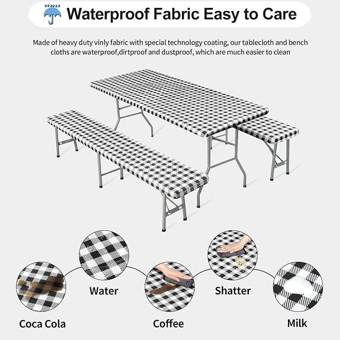 OutdoorLines Vinyl Fitted Picnic Table Cover with Bench Covers | Elastic Waterproof Camping Tablecloth for Picnic Table (Checkered Black, 72x30 Inch, 3 Pcs)