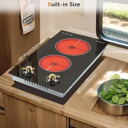 Karinear 110V Electric Cooktop 2 Burners Electric Stove 12 Inch Knob Control Countertop & Built-in Ceramic Cooktop, 9 Heating Level, Hot Warning, Over-Temperature Protection(Gold Knob)