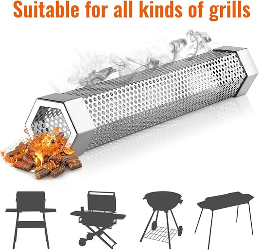 Hexagon Pellet Smoker Tube,12 inch Stainless Steel BBQ Wood Pellet Tube Smoker for Cold/Hot Smoking,5 Hours of Billowing Smoke-for Any Grill or Smoker