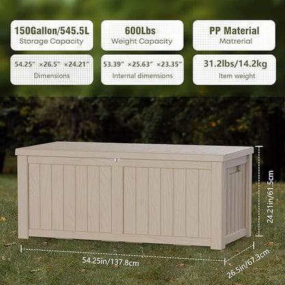 150 Gallon Outdoor Storage Box Waterproof, Lockable Resin Deck Box Large Storage Bin for Patio Furniture Cushion, Garden Tools, Pool Accessories, UV-Resistant Outside Delivery, Slate Gray