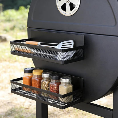 2-Pack Magnetic Storage Bin for Charcoal Grill with 8 Hooks, Shelf for Outdoor Smoker, Food-Grade BBQ Tool Organizer for Pellet Grill, Black