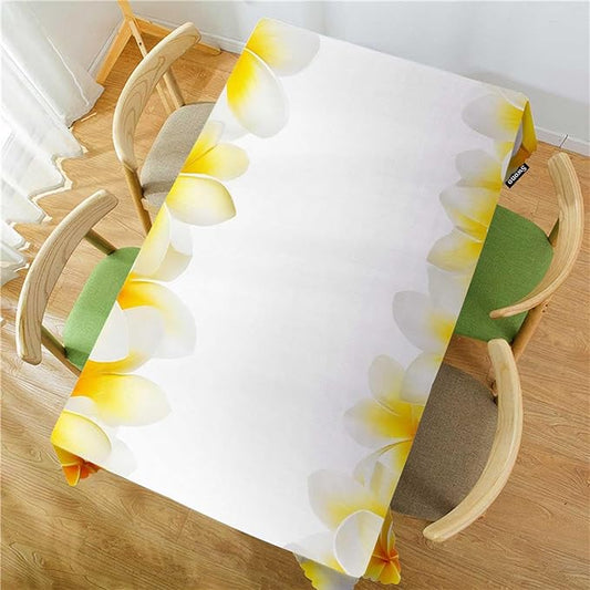Swono White Flowers Tablecloth Tropical Blossom Plumeria Flowers Rectangle Table Cloth Washable Plaid Table Cover for Kitchen Holiday Dinner, 52x 70 Inch Tablecloth