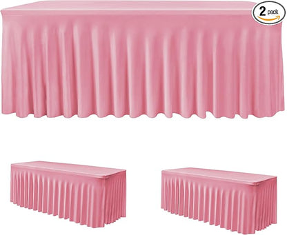 Pink Spandex Table Skirts for 8 ft Folding Table Baby Shower 2 Pcs | Floor Length Stretch Table Skirts For Folding Table, Banquet Elastic Table Covers For Event Supplies, Party, Banquets