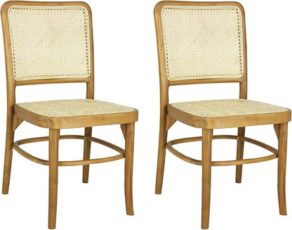 JONATHAN Y Colmar Mid-Century Natural Teak Rattan Dining Chairs Set of 2 | For Kitchen And Home Office, Woven Cane Back, Armless Side Seating, Indonesian Wood, Vintage Bohemian Style