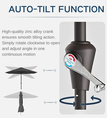 9FT Auto-Tilt Patio Umbrella|Outdoor Market Table Umbrella with 8 Fiberglass Ribs for Pool,Deck&Backyard