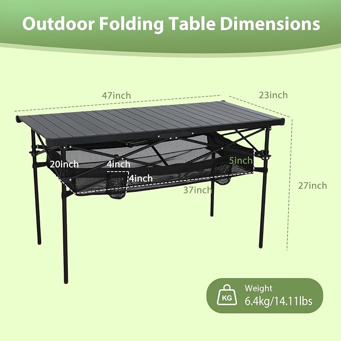 Nice C Portable Aluminum Roll-Up Top Folding Camping Table (Black) | Lightweight Collapsible Table, Mesh Net, Cup Holder, Steel Frame, Carry Bag, Outdoor, Indoor, Sports, Picnic, BBQ