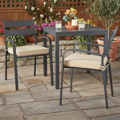 Outdoor 18 inch Square Patio Dining Chair Pads – Comfortable Fiber-Filled Seat Cushions with Ties, Reversible Polyester Fabric - Stone, Set of 2