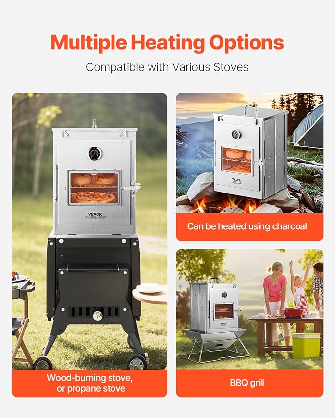 VEVOR Foldable Camping Oven, Stainless Steel Portable Camping Stove, with 3 Tier Grill, Handle and Thermometer, Use with Wood Burning Fire, Propane Stoves, for Baking Bread, Pizza, Outdoor Cooking