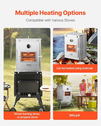 VEVOR Foldable Camping Oven, Stainless Steel Portable Camping Stove, with 3 Tier Grill, Handle and Thermometer, Use with Wood Burning Fire, Propane Stoves, for Baking Bread, Pizza, Outdoor Cooking
