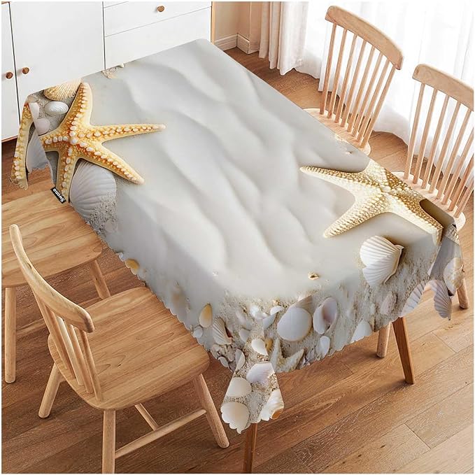 Swono Seashells Table Cloth Seacoast Beach Starfish and Seashells Rectangle Tablecloth Picnic Table Cover BBQ Table Cloth Polyester for Kitchen Restaurant Coffee Table 50x72 Inch