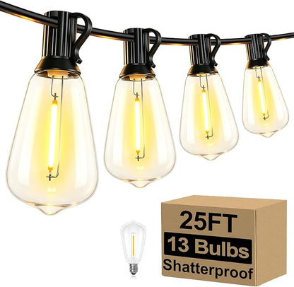 Brightever Outdoor String Lights, 25FT Patio Lights with 13 ST38 LED Edison Bulbs (1 Spare), Waterproof Connectable String Lights for Outside, Dimmable Hanging Light for Backyard Porch Decor, Black