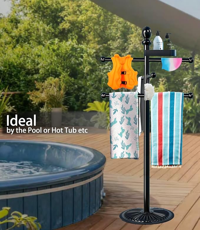Yozoluck Pool Towel Rack Outdoor, 6 Bars with Top Tray Metal Heavy Duty Never Tilt Pool Accessories with Heavy Metal Base, Hot Tub Accessories Towel Dying Rack Towel Stand for Pool, Hot Tub etc