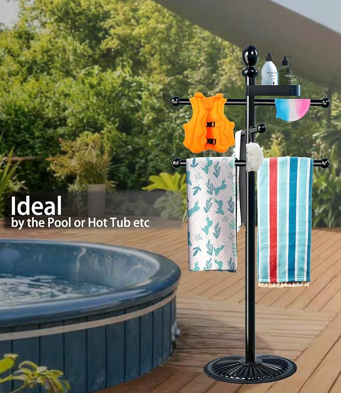 Yozoluck Pool Towel Rack Outdoor, 6 Bars Metal Heavy Duty Never Tilt Pool Accessories with Heavy Metal Base, Hot Tub Accessories Towel Dying Rack Towel Stand for Pool, Spa